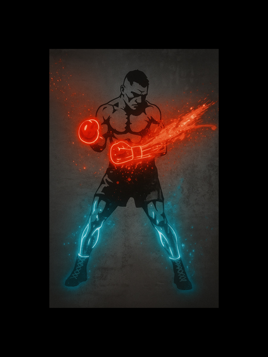 Electric Fighter Neon Boxing Poster | Red & Blue Glow Fighter Wall Art | Modern Fight Sports Decor | Motivational Boxing Print for Gym or Man Cave
