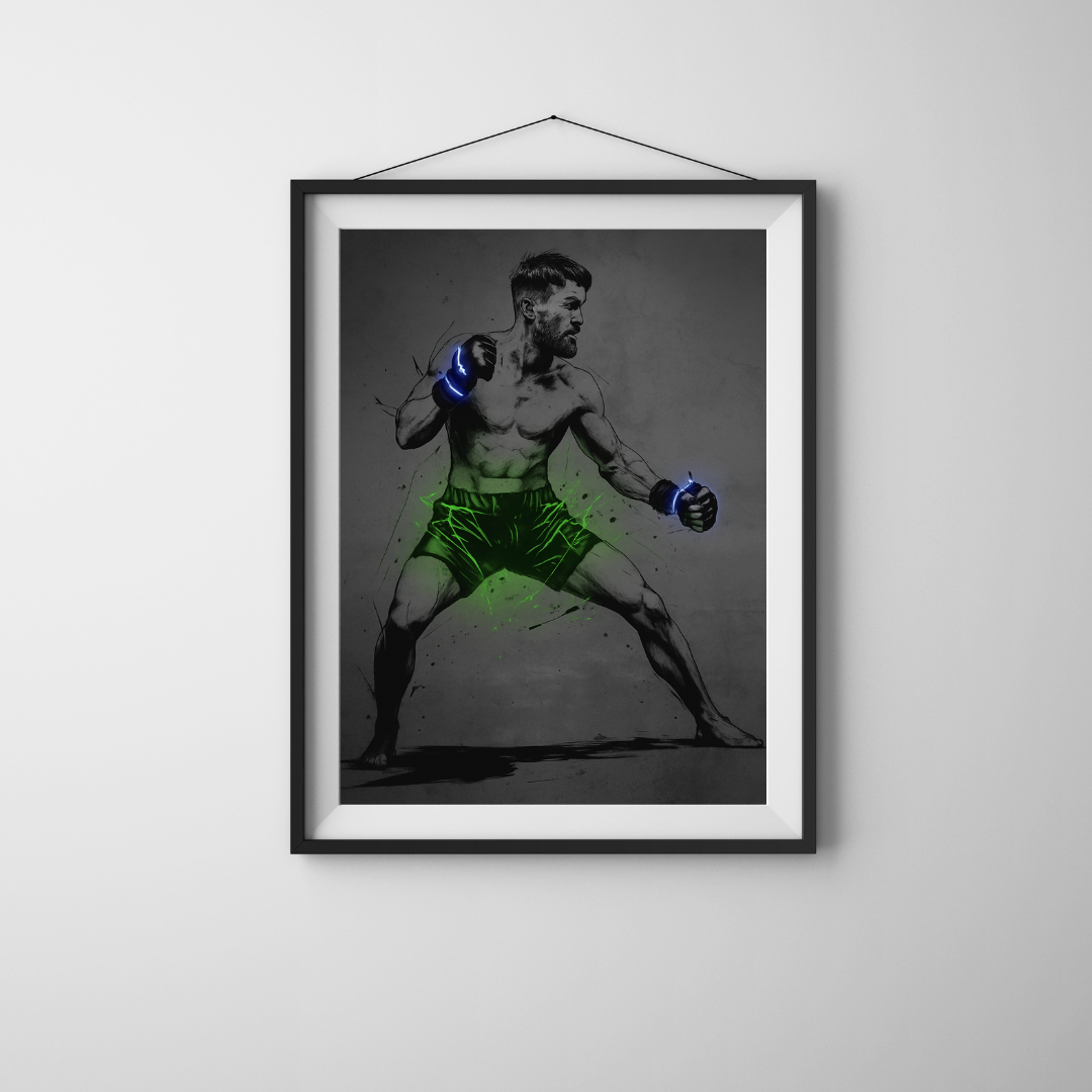 Fighting Irish MMA Fighter Neon Poster | Glow Fight Wall Art | Boxing Gym Decor | Undercard Art Motivation Print | Green and Blue Combat Sports Artwork Poster