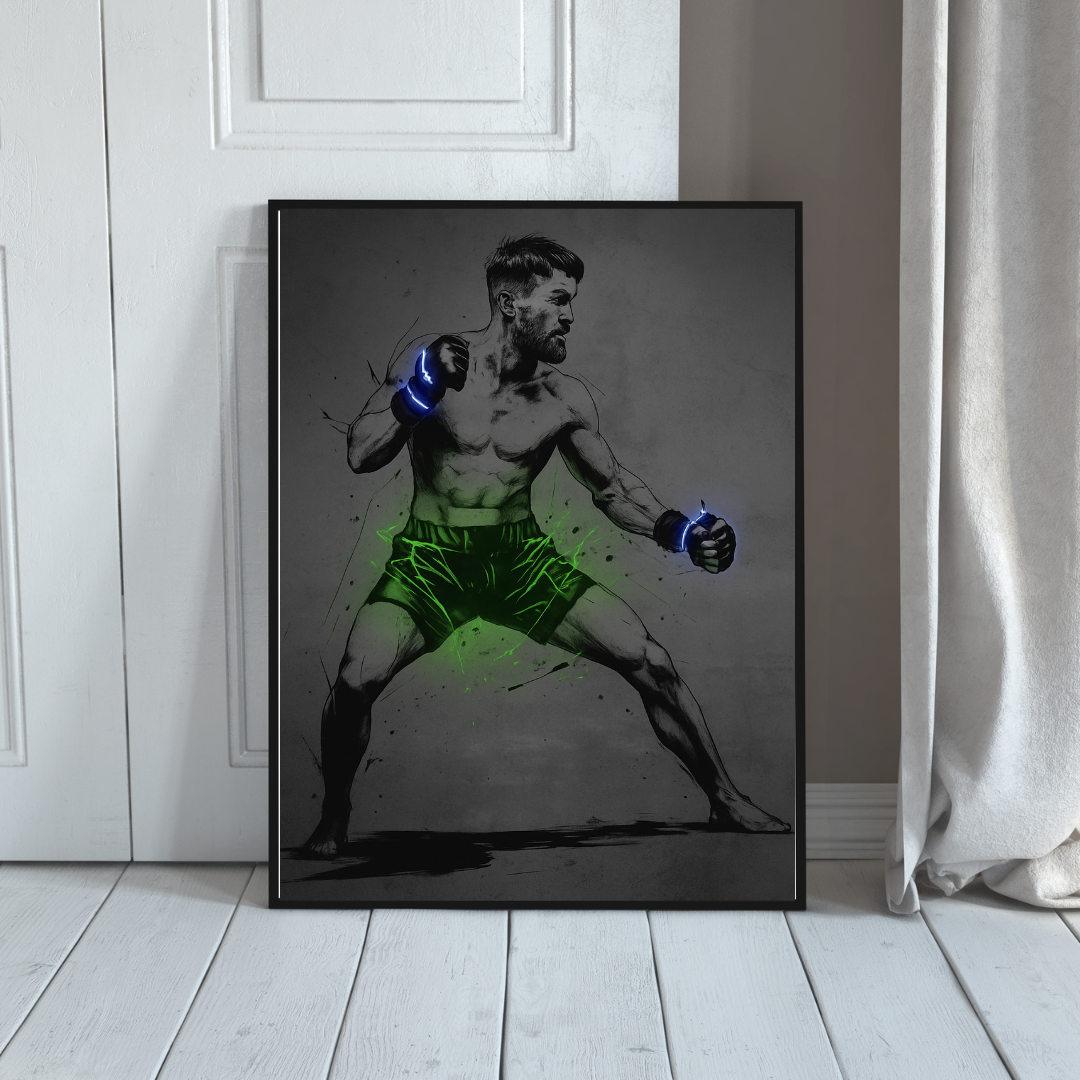 Fighting Irish MMA Fighter Neon Poster | Glow Fight Wall Art | Boxing Gym Decor | Undercard Art Motivation Print | Green and Blue Combat Sports Artwork Poster