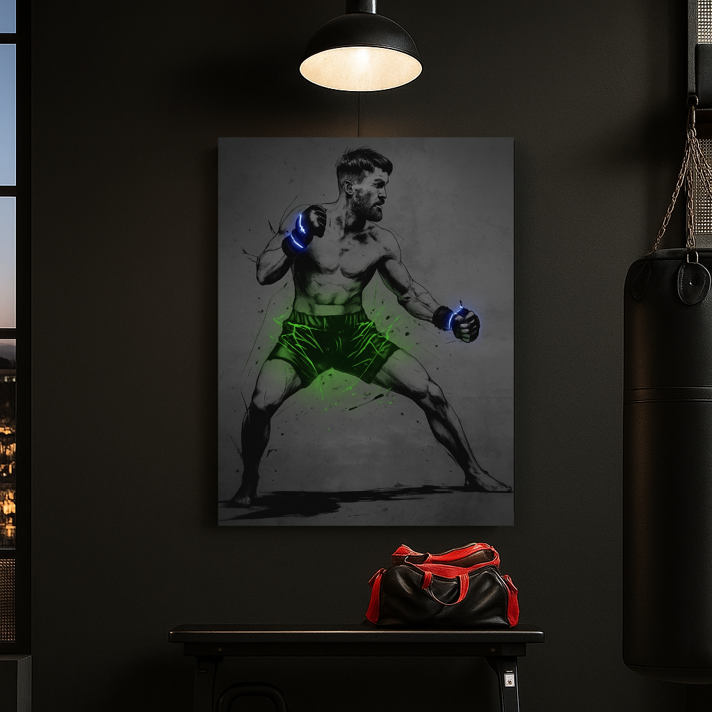 Fighting Irish MMA Fighter Neon Poster | Glow Fight Wall Art | Boxing Gym Decor | Undercard Art Motivation Print | Green and Blue Combat Sports Artwork Poster