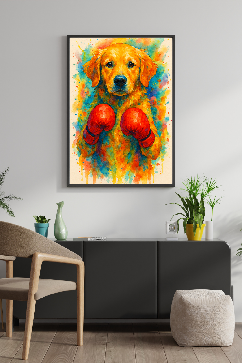 Golden Boy | Golden Retriever Boxing Poster | Watercolor Dog Wall Art