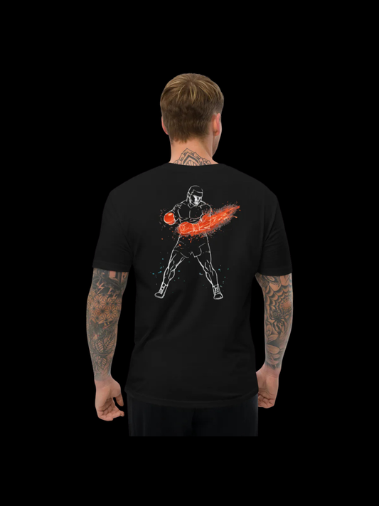 Electric Fighter Neon Boxer T-Shirt | Red and Blue Glow Fight Shirt | MMA Boxing Gym Tee | Fighter Energy Graphic Streetwear Short Sleeve Fitted T-shirt