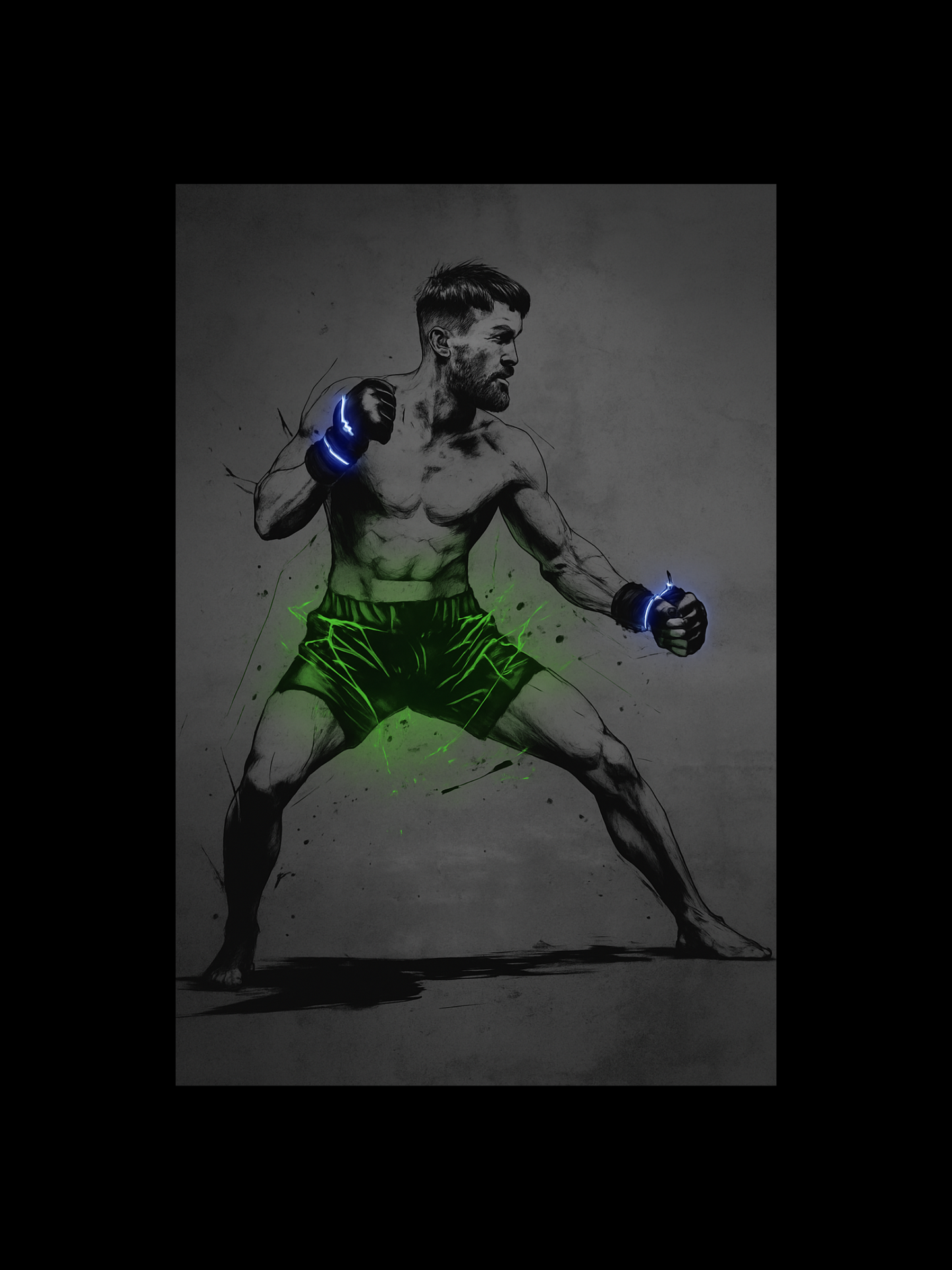 Fighting Irish MMA Fighter Neon Poster | Glow Fight Wall Art | Boxing Gym Decor | Undercard Art Motivation Print | Green and Blue Combat Sports Artwork Poster