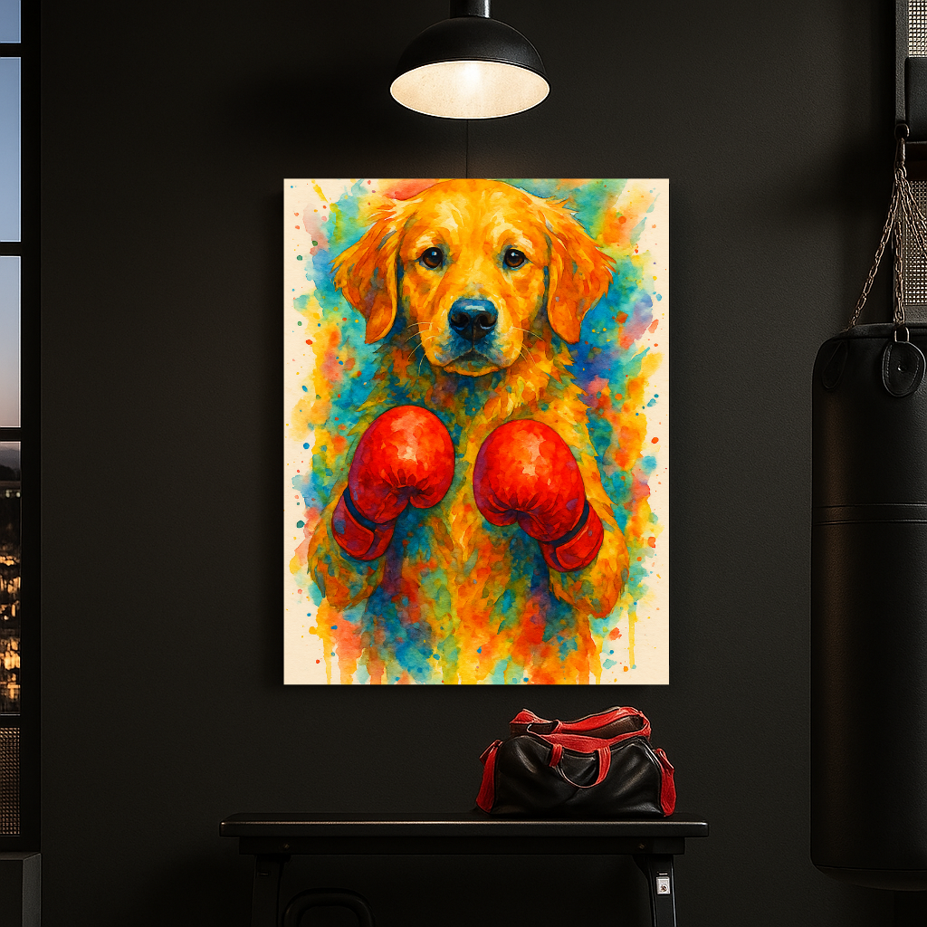 Golden Boy | Golden Retriever Boxing Poster | Watercolor Dog Wall Art